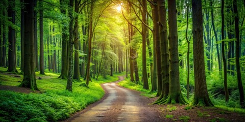 Obraz premium A serene path winding through a dense forest, nature, trees, woods, hiking, trail, tranquil, lush, greenery