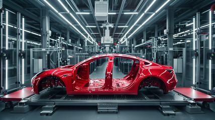 A red car body frame in automotive factory with automated production equipment