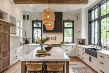 A kitchen with a white island and a hanging lamp above it