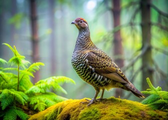 A majestic spruce grouse perches on a moss-covered log amidst a dense coniferous forest, vibrant green foliage and misty atmosphere, copy space available.