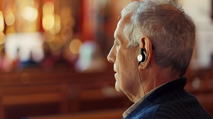 Elderly Man with Hearing Aid Attending Religious Service for Spiritual Activity