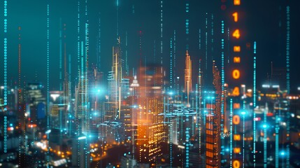 Fototapeta premium Futuristic Cityscape with digital lights and glowing towers representing modern technology and innovation.