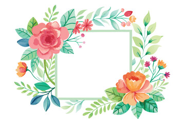 Watercolor Floral Frame with Green Leaves and Pink and Orange Flowers