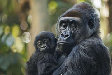 Obraz premium A mother gorilla holding her baby