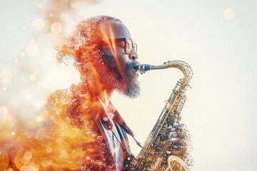 Obraz premium Musician playing saxophone with fire and water visual effect