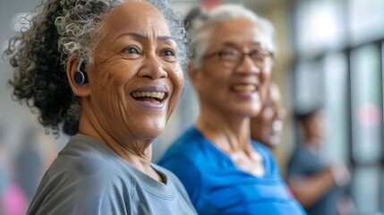 Senior Couple with Hearing Aids Participating in Fitness Class for Active Living and Hearing