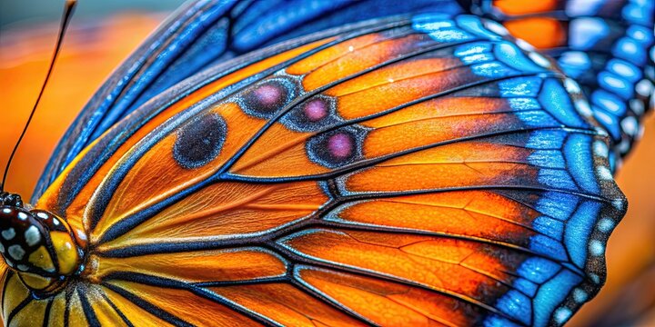 Close up of a butterfly wing with vibrant orange and blue markings, butterfly, wing, close up, macro, colorful, vibrant, orange