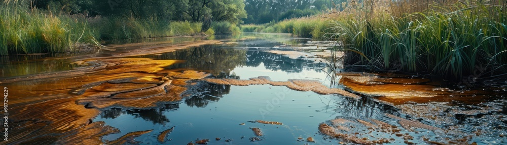 Poster a river with a brownish tint and a few trees in the background