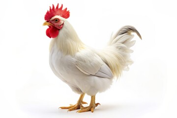 Isolated white chicken stands proudly alone, vibrant plumage glowing against a crisp clean white background, conveying innocence and serene simplicity.