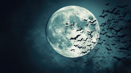 A large full moon is centered, surrounded by numerous small black bat silhouettes. The abstract 3D style adds a hauntingly beautiful effect, perfect for Halloween-themed designs.