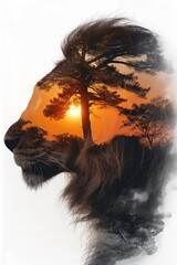 Obraz premium Majestic lion portrait with double exposure landscape at sunset