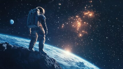 Obraz premium A lone astronaut navigating through the cosmos, with Earth in the distance and a backdrop of twinkling stars. A captivating view of space travel.