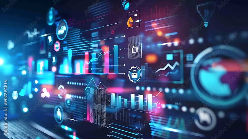 Poster abstract digital data visualization with charts and graphs representing technology, information, and