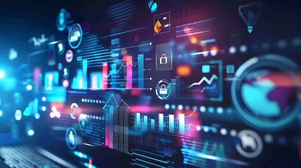 Abstract digital data visualization with charts and graphs representing technology, information, and growth.