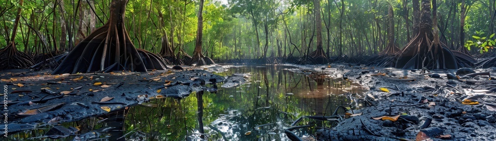 Poster A forest with a stream of water running through it