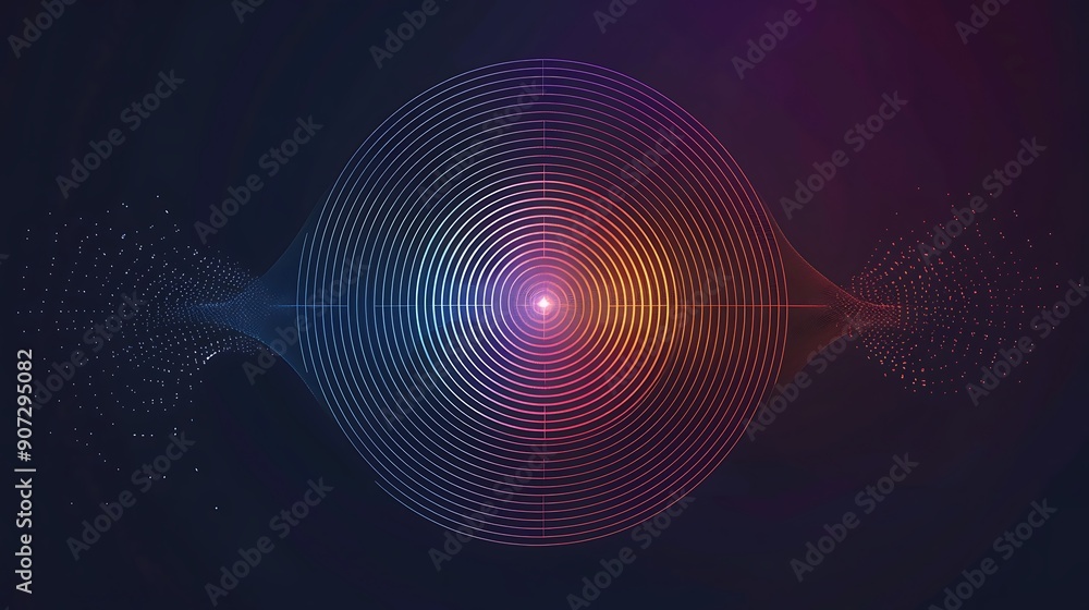 Poster abstract circular light effect with glowing lines and particles.