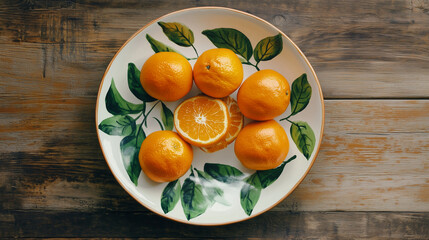 ceramic plate with oranges illustration pattern, a plate with an orange pattern, Italian style, cheerful cute kitchenware setting, fruit in a plate