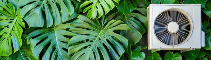 Air conditioner unit placed among lush green leaves, showcasing a blend of technology and nature for home comfort.
