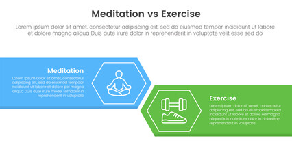 meditation vs physical exercise comparison or versus concept for infographic template banner with big rectangle with arrow edge and hexagon with two point list information