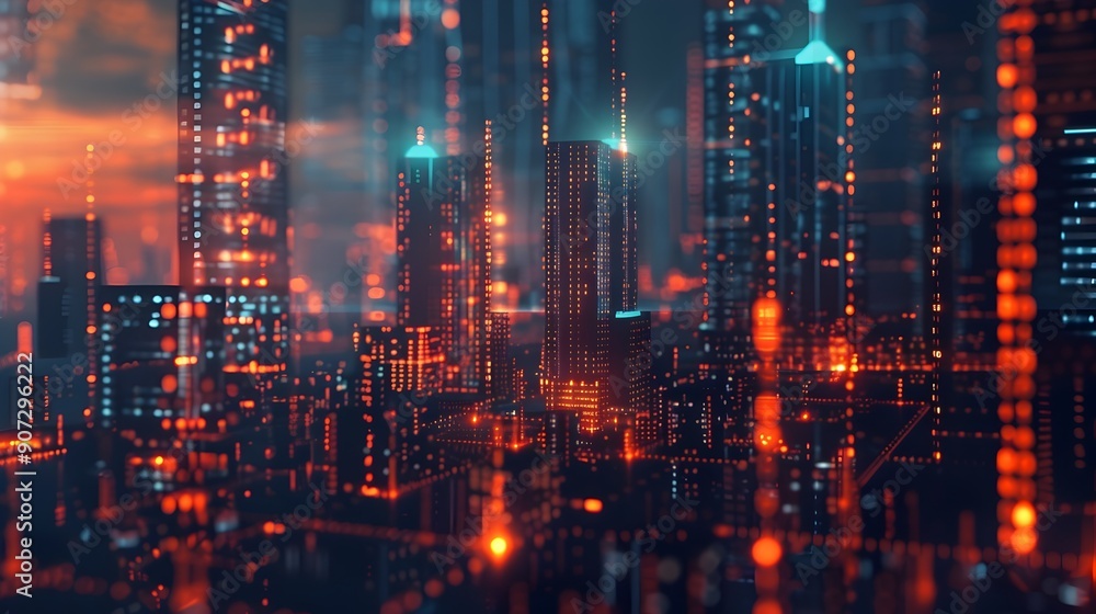 Poster futuristic cityscape of digital numeric architecture and technological landscape