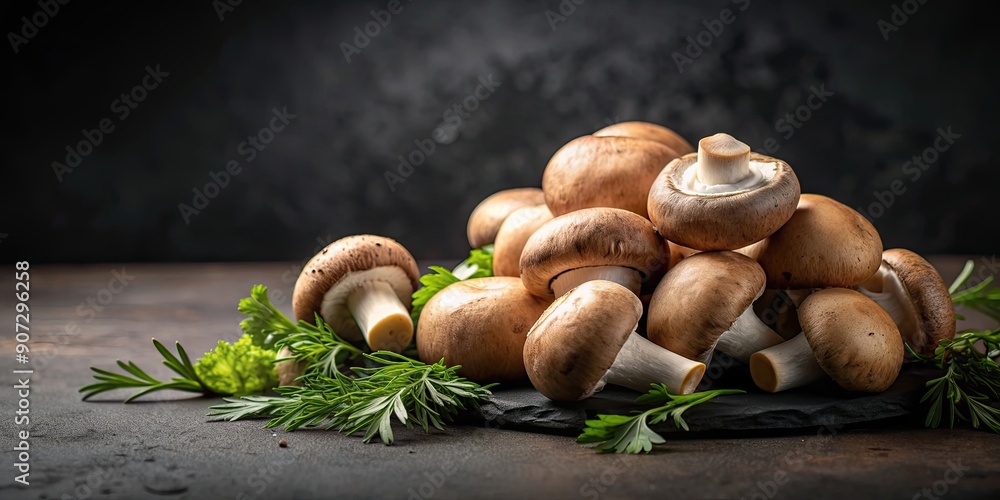 Canvas Prints Raw mushrooms champignons on black background, cooking concept, raw, mushrooms, champignons, black background, cooking