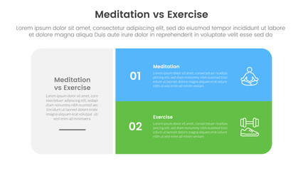 meditation vs physical exercise comparison or versus concept for infographic template banner with big round box and stack list with two point list information