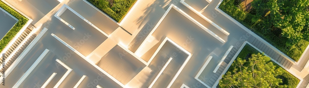 Poster an aerial view of a modern labyrinth design surrounded by lush greenery, showcasing geometric patter