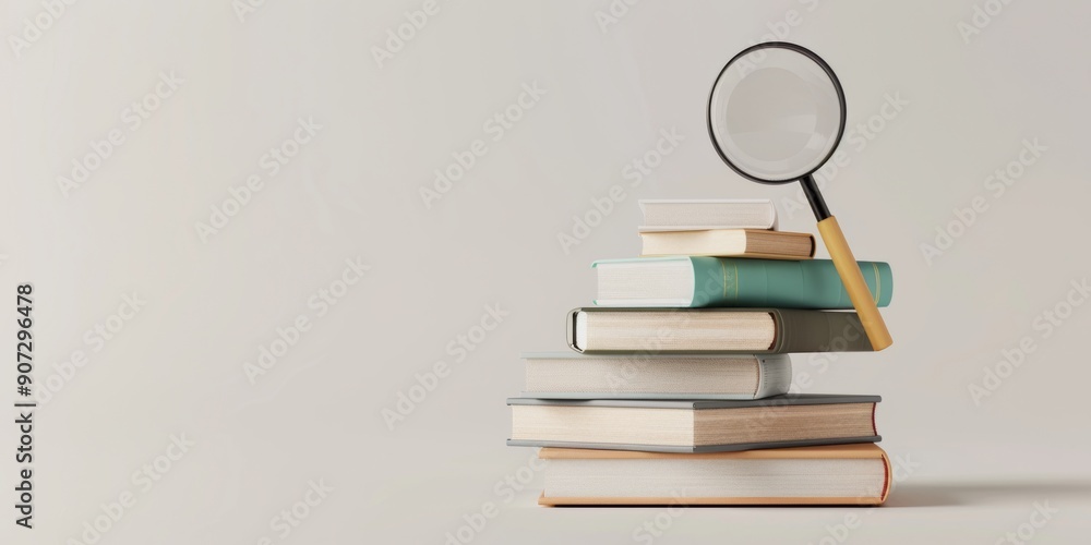 Poster 3d single icon of a stack of books with a magnifying glass, ideal for study and research concepts, i
