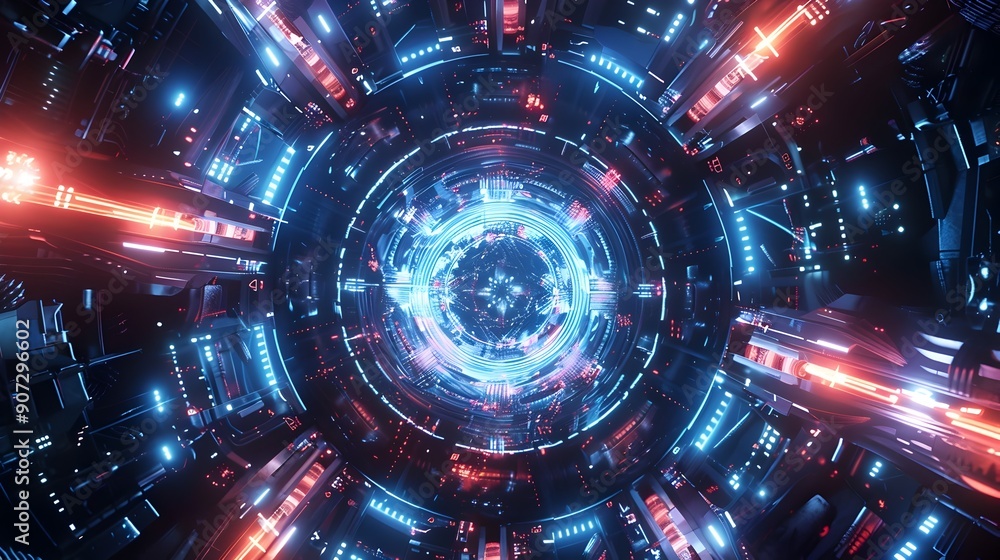 Poster mesmerizing futuristic wheel illuminated with glowing technological elements