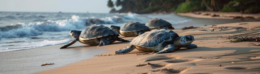 A group of turtles are laying on the beach