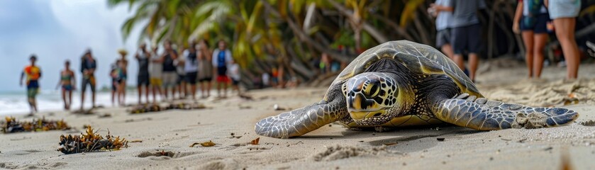 A turtle is laying on the beach, with a crowd of people watching