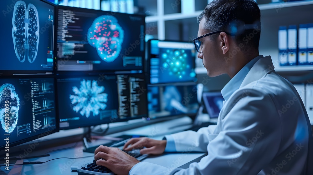 Poster biotechnology engineer utilizing computer to model biological systems for biomedical innovation