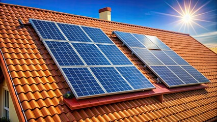Solar panels installed on red roof tiles of house