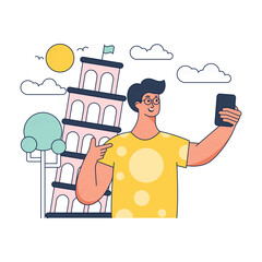 A man in yellow is taking a picture of a building with a phone