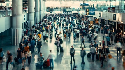 Obraz premium Bustling Airport Terminal with Hurried Travelers on the Move