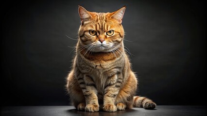 Obraz premium Angry cat with furrowed brow, sitting on a black background, cat, angry, face, feline, animal, black background, furrowed brow, emotion