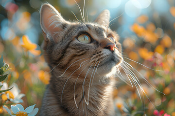 a cat looking up in the sun