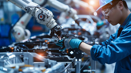 Asian technician working on auto parts assembly line with robot arm in background