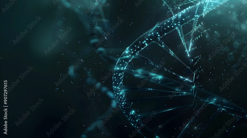Aufkleber futuristic digital dna sequence on dark technological backdrop showcasing bioinformatics and