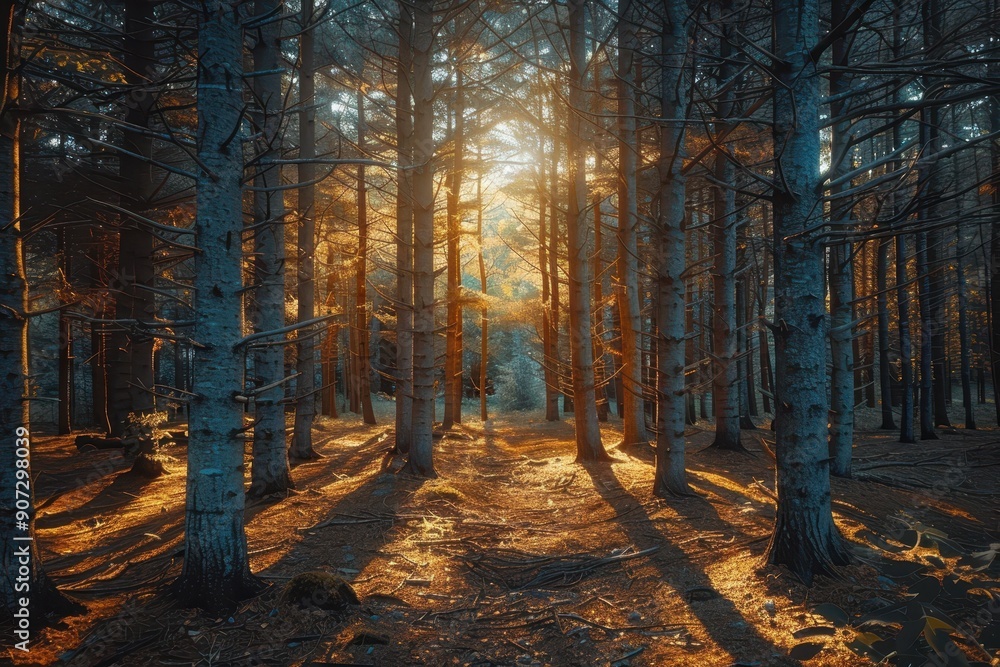 Poster a forest with trees in the foreground and background