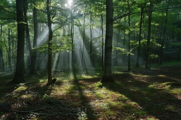 Obraz premium The sun is shining through the trees, casting a warm glow on the forest floor