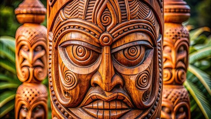 Naklejka premium Close-up of a intricately carved wooden totem by Maori tribe on International Indigenous Peoples' Day , Maori, tribe