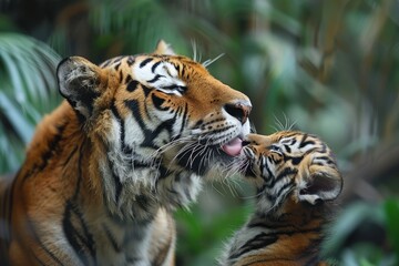 Fototapeta premium A mother tiger is licking her baby