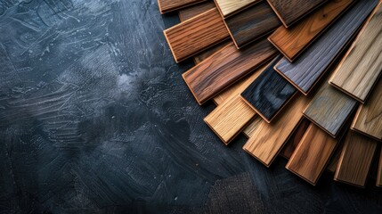 Wooden floor panel samples on dark backdrop for interior design or renovation idea
