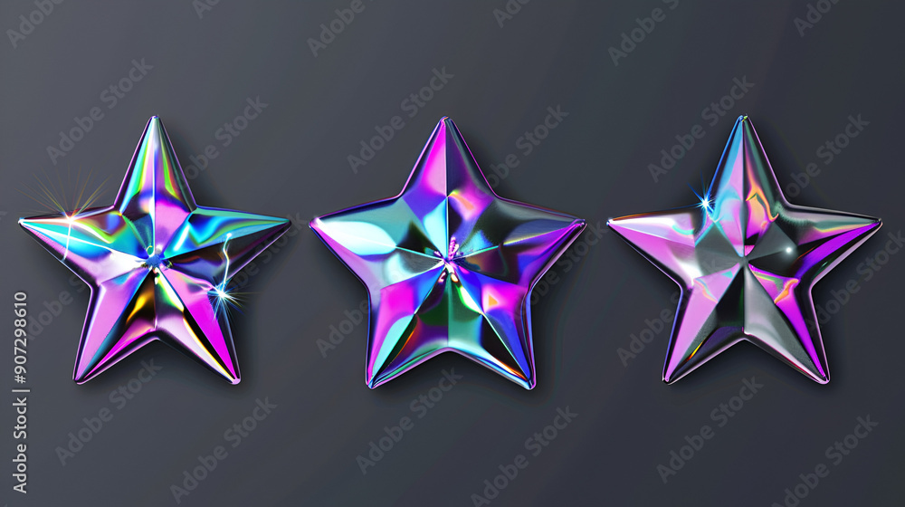 Canvas Prints Three Shiny Holographic Stars on a Dark Background