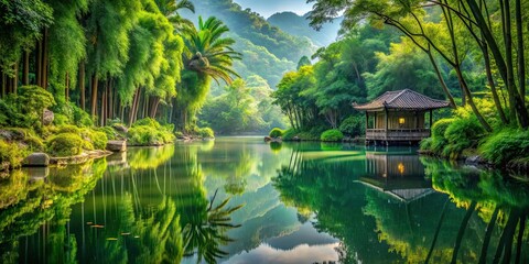 Obraz premium A serene and tranquil dreamscape sanctuary surrounded by lush greenery and reflective waters, dreams, sanctuary, peaceful