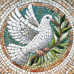 10 A mosaic art piece featuring a dove with an olive branch crea