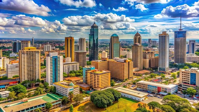 Busy and vibrant Nairobi cityscape with modern skyscrapers, bustling streets, and colorful buildings, Nairobi