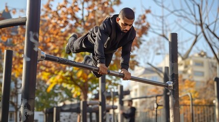 Man Performing Calisthenics Exercises on Outdoor Fitness Bars for Strength Training