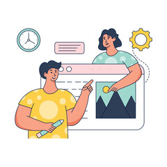 A drawing of a woman and a man talking to each other